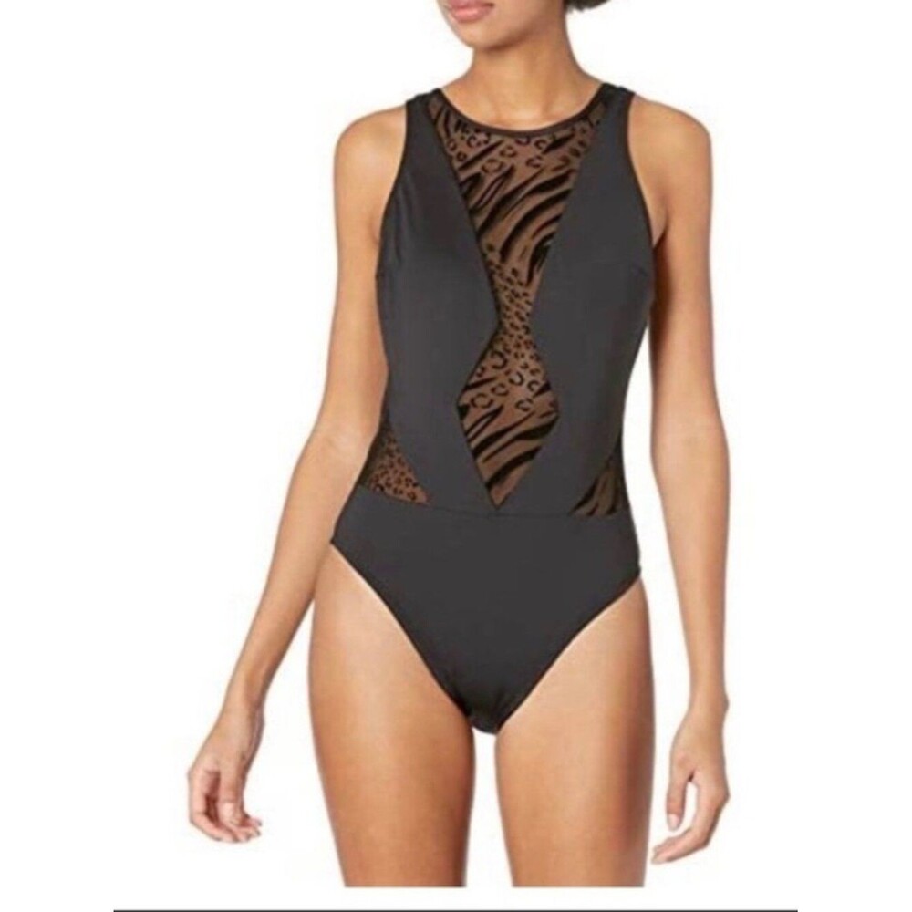 NWT Kenneth Cole New York Black One-Piece Swimsuit Animal Print Mesh Size Medium